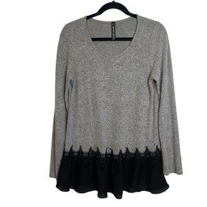 Design Lab Lord & Taylor Grey Long Sleeved Sheer Lace Knit Stretch Tunic